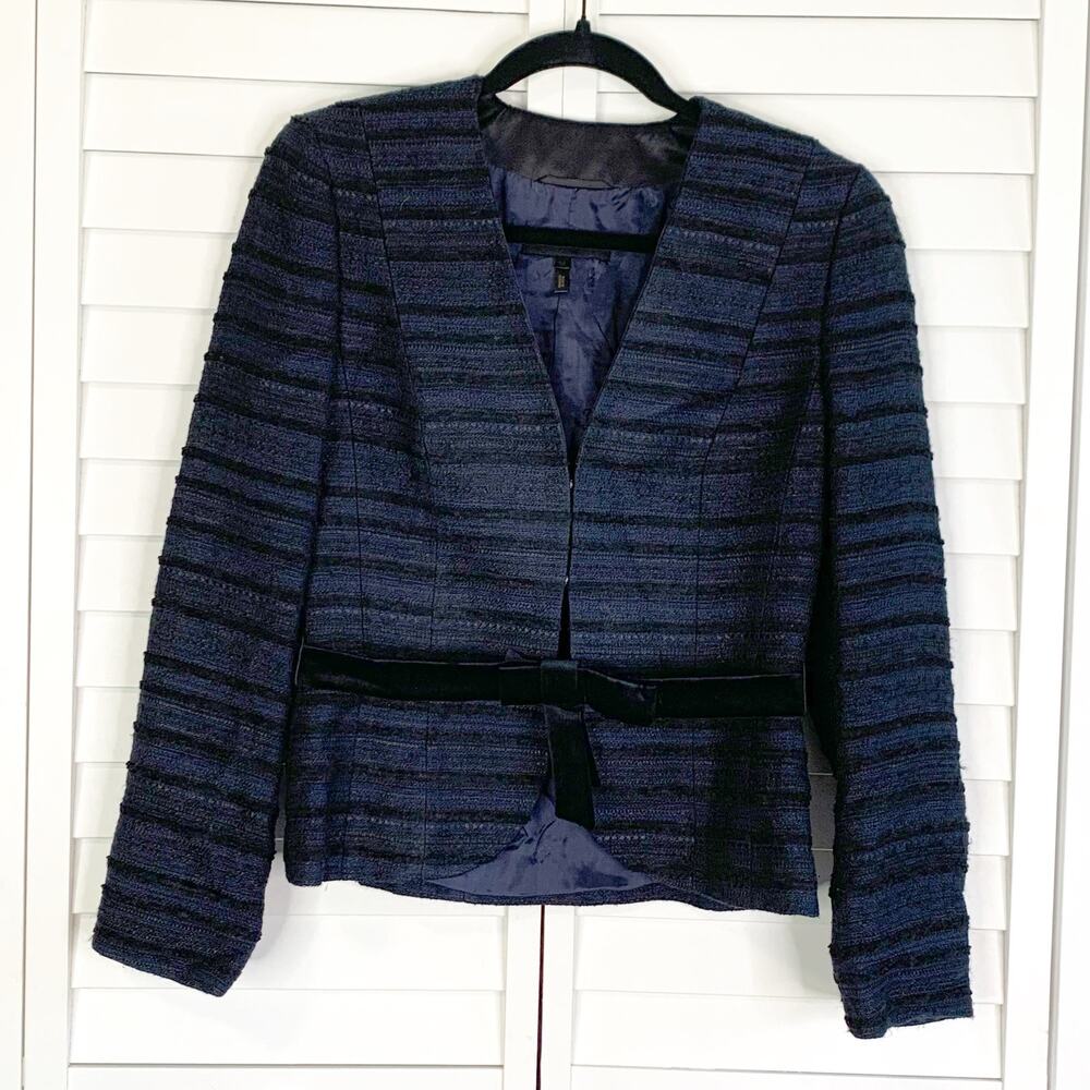 ESCADA Blazer Women 34 Blue Black Tweed Bow Belt Crop 3 Hook Closure